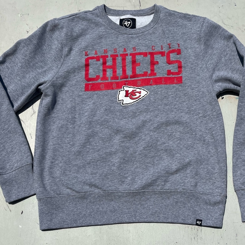 Men's 47 Brand Chiefs Sweatshirt Gray Spell-Out L NFL Kansas City Super Bowl